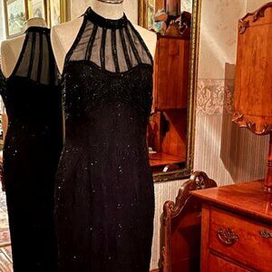 VINTAGE STENAY SILK LONG BLACK COCKTAIL DRESS BEADED OVERLAY SIZE 12 INDIA